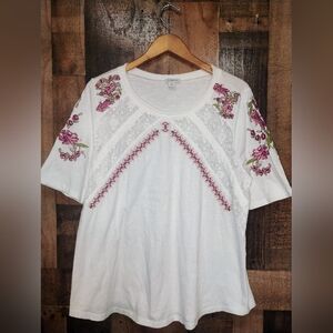 Sundance White Blouse with Pink Floral Embroidery